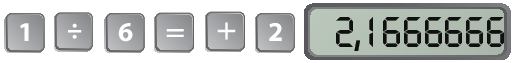 Ilustração. Tecla de calculadora. As teclas apresentadas são: 1, divisão, igual, mais, 2. Com o resultado no visor de: 2,1666666,