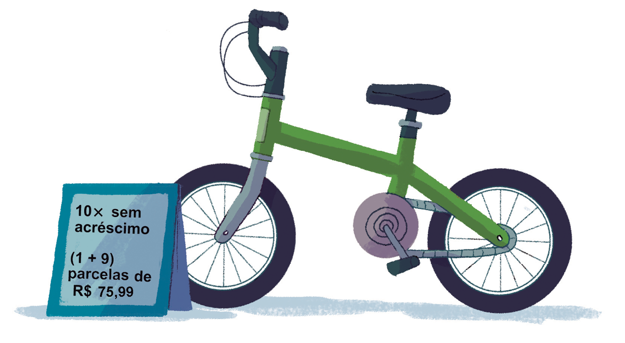 Ilustração. Bicicleta verde. Ao lado, a informação: 10 vezes sem acréscimo. (1 + 9) parcelas de R$ 75,99.