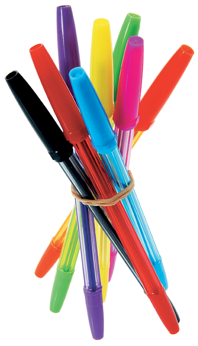 Ilustração. Oito canetas esferográficas coloridas presas por um elástico.