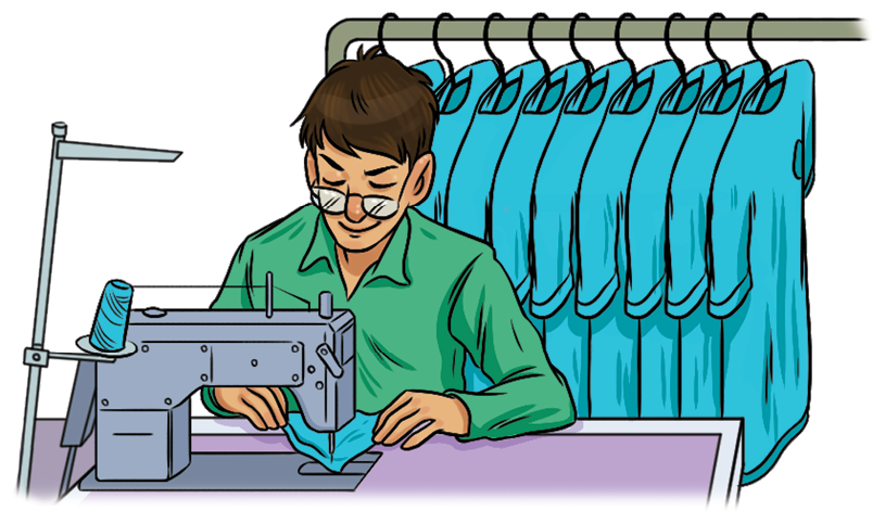 Ilustração. Um homem, de cabelos castanhos curtos, de óculos, vestindo camisa verde. Está sentado à frente de um máquina de costura onde faz camisetas. Atrás dele, camisetas penduradas.