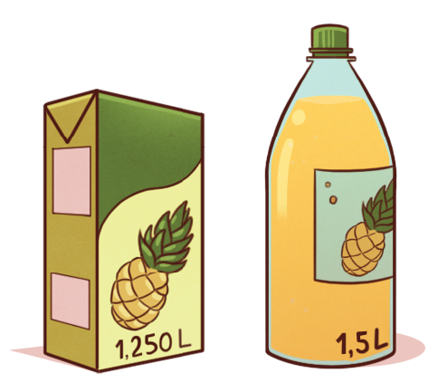 Ilustração. Caixa de suco de abacaxi estilo longa vida com capacidade para  1250 litros. Ao lado, garrafa de suco também de abacaxi com capacidade 1,5 litros.