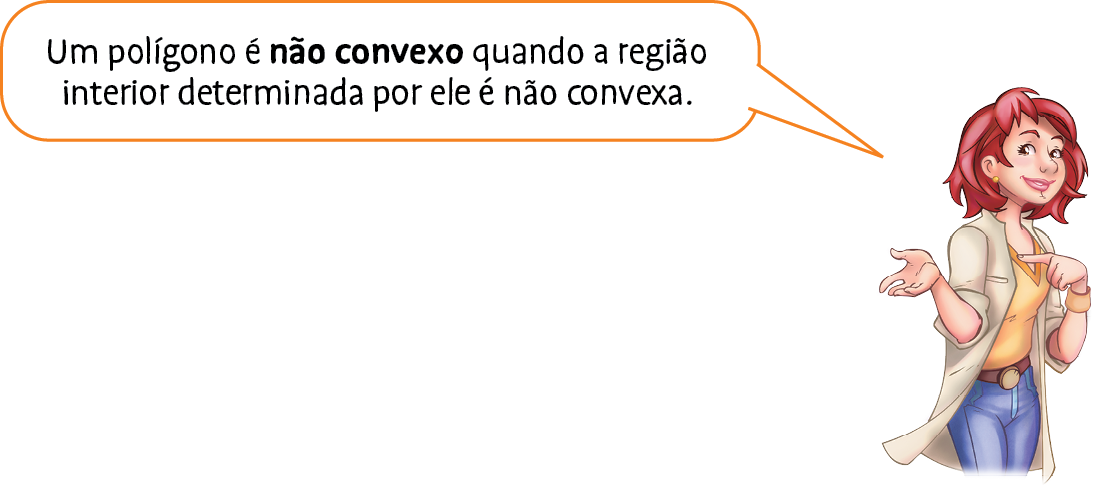 Ilustração. Mulher de cabelo vermelho curto, casaco bege e calça azul. Ela diz: Um polígono é não convexo quando a região interior determinada por ele é não convexa.