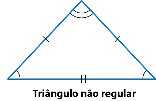 Ilustração. Triângulo não regular.
O lado da base com dois tracinhos, e os outros lados com um tracinho.
Entre os lados consecutivos à base um arco entre os outros lados um arco duplo. indicando os ângulos internos.