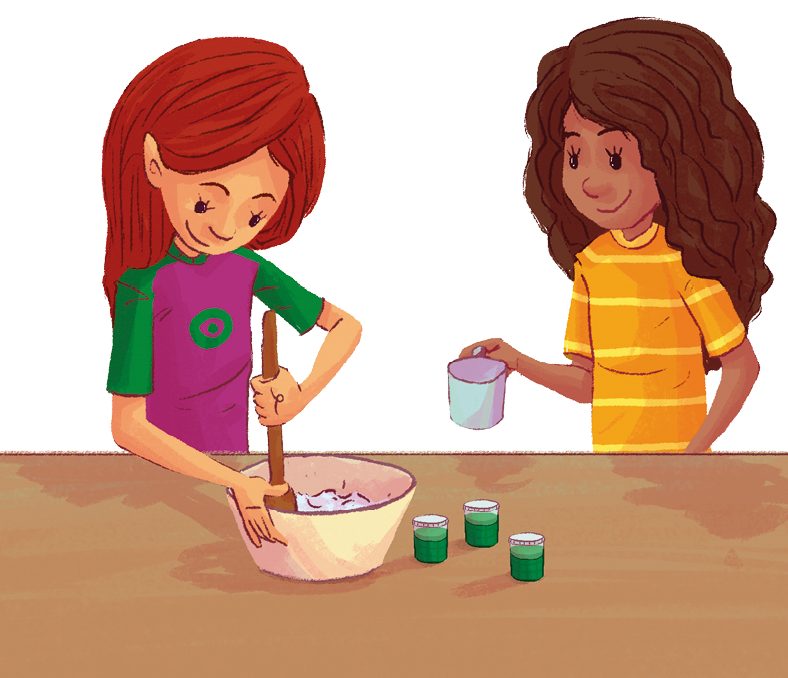 Ilustração. Duas meninas à frente de uma mesa. A menina à esquerda mexe uma tigela com uma colher de pau. A outra menina segura uma xícara. Sobre a mesa além da tigela tem três potes.