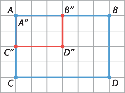 Ilustração.
Malha quadriculada composta por seis linhas e oito colunas de quadrinhos.
Em seu centro, há um retângulo conectado por linhas azuis que representam segmentos de reta, sendo eles: segmento AB, segmento BD, segmento DC e segmento CA.

Há dois fios vermelhos representando um retângulo cujos vértices são os pontos A duas linhas, B duas linhas, D duas linhas, C duas linhas. O ponto D duas linhas é o ponto central do retângulo ABDC. O ponto B duas linhas está no meio do segmento AB e o ponto C duas linhas está no meio do segmento AC.