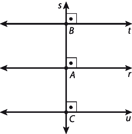 Ilustração. 
Três retas paralelas: t, r e s. Reta vertical s corta as retas paralelas. 
Em t e s, ponto B. 
Em r e s, ponto A e em u e em e, ponto C.