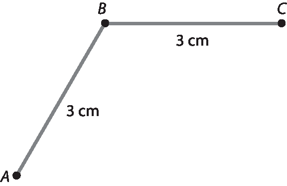 Ilustração. 
Duas linhas, horizontal com ponto B e C nas extremidades e diagonal, com pontos B e A nas extremidades. A medida AB e BC é três centímetros cada.