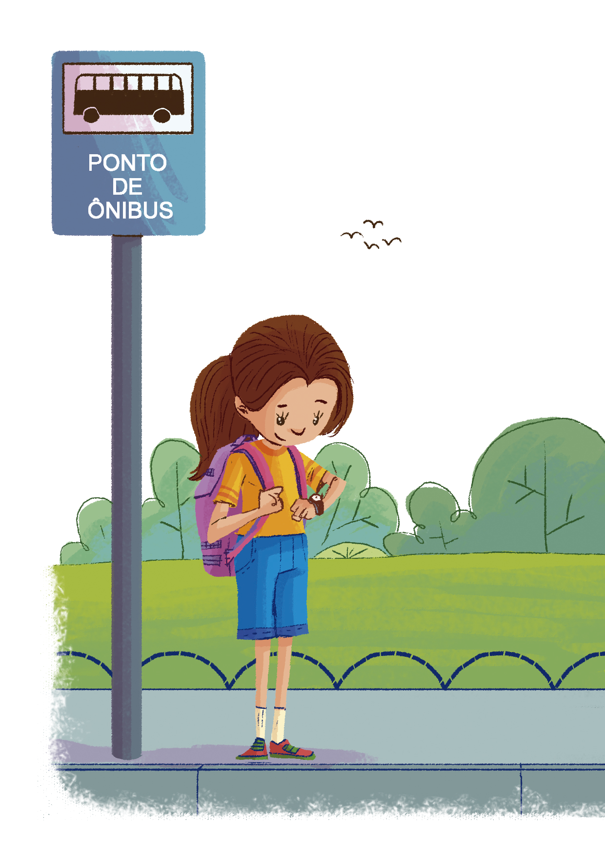 Ilustração. Menina branca de cabelos castanhos compridos, com uma mochila rosa nas costas. Ela veste camiseta laranja e bermuda azul, está olhando para o relógio em seu pulso. Ela está em pé, na calçada, ao lado de uma placa de ponto de ônibus.