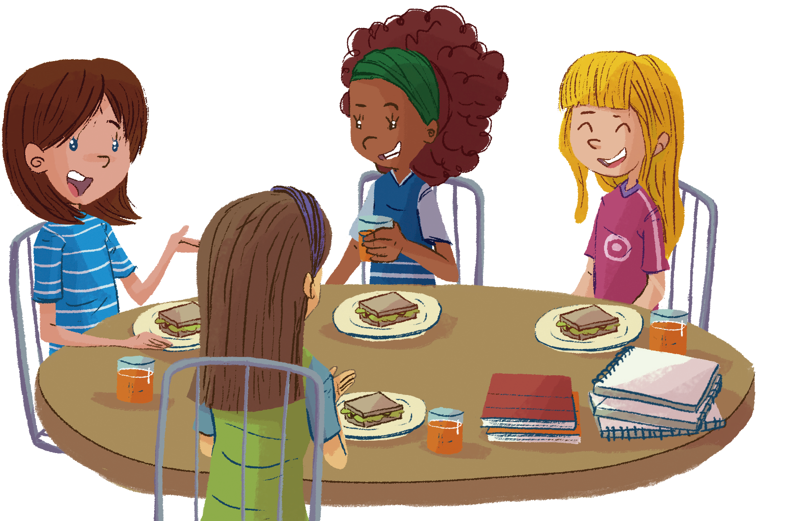 Ilustração. Quatro meninas sentadas ao redor de uma mesa redonda. Uma das meninas é branca, de cabelos loiros e compridos, veste uma camiseta rosa. Do lado direito dela, está uma menina negra, de cabelos castanhos com uma faixa verde na cabeça, ela veste uma camiseta azul com mangas azuis um pouco mais claras; ela é a única que segura um copo de suco na mão. Do lado direito dela, está uma menina branca, de cabelos castanhos curtos, ela veste uma camiseta azul listrada. Do lado direito dela, está uma menina branca, de cabelos castanhos compridos presos com uma faixa azul, ela veste uma camiseta verde com mangas azuis. Sobre a mesa, quatro pratos com sanduíche e três copos com suco. Ainda sobre a mesa, há livros e cadernos.