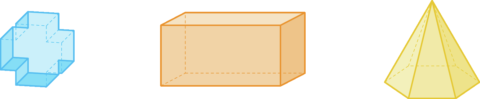 Ilustração. Figura geométrica não plana azul, semelhante ao sinal de mais.

Ilustração. Bloco retangular laranja. 

Ilustração. Pirâmide amarela cuja base é um polígono hexagonal.