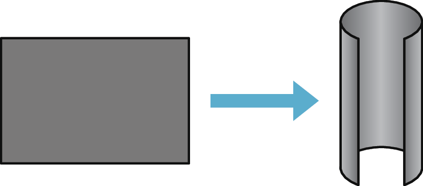 Ilustração. Um retângulo cinza, seta azul aponta para uma figura semelhante a um cilindro com a superfície lateral aberta.
