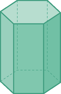 Ilustração. Figura geométrica não plana composta por seis faces retangulares idênticas e duas faces hexagonais idênticas, paralelas entre si.