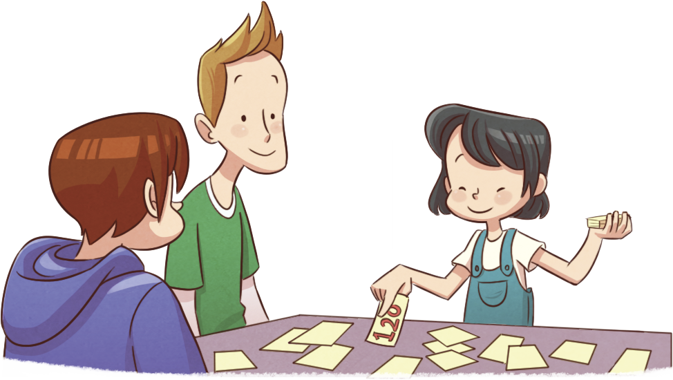 Ilustração. Três crianças sentadas ao redor de uma mesa. Sobre a mesa, fichas com números.