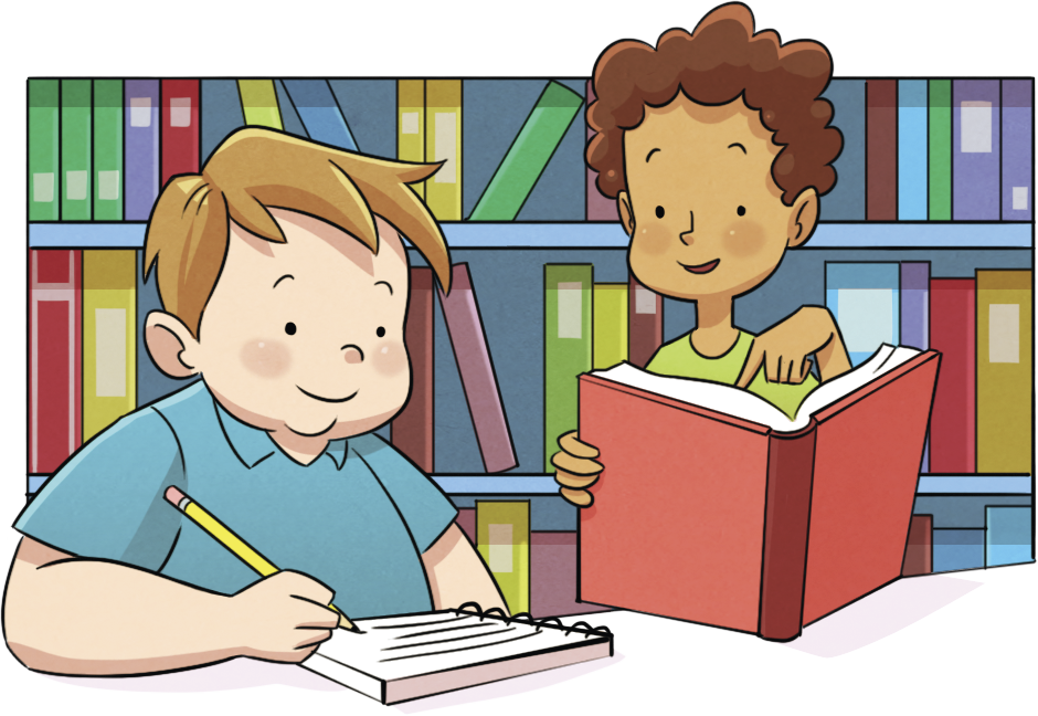 Ilustração. Dois meninos e uma estante cheia de livros atrás deles. À esquerda, menino de cabelo loiro e camiseta azul sentado escreve em um caderno sobre uma mesa. À direita, menino de cabelo castanho e camiseta verde em pé segura um livro aberto.