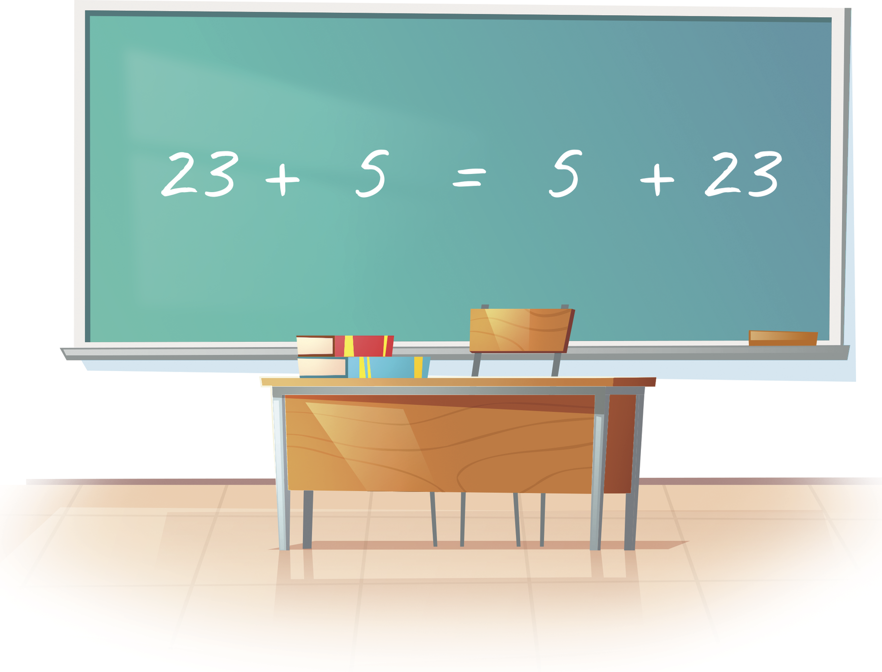 Ilustração. Quadro de giz com a expressão: 23 + 0,5 = 0,5 + 23. Na frente do quadro, mesa do professor.