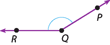 lustração.
Duas semirretas roxas inclinadas em direções opostas, com a origem em comum no ponto Q.
A semirreta com direção para a esquerda, contém o ponto R.
A semirreta com direção para a direita, contém o ponto P.