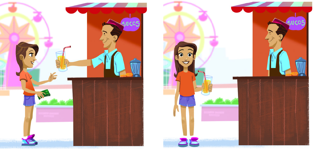 Ilustração. 
À direita, um homem em uma barraca entrega um suco para uma menina à esquerda. Ela está de perfil. Ao lado, a menina segura o copo de suco virada para frente.