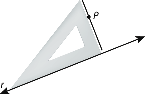 Ilustração.
Reta diagonal r. 
Sobre a reta, um esquadro e à direita, linha e ponto P.
