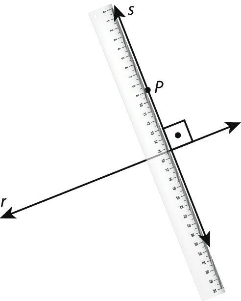 Ilustração.
Reta diagonal r. Acima da reta, à direita, ponto P. Há uma régua na vertical sobre a reta r, formando a reta s que passa pelo o ponto P e faz um ângulo reto com a reta r.