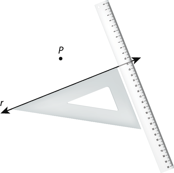 Ilustração.
Reta diagonal r. 
Acima, no meio da reta, ponto P. Há um esquadro abaixo da reta e uma régua à direita da reta.