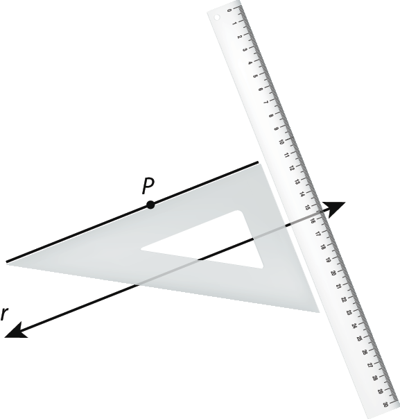 Ilustração.
Reta diagonal r. Acima, no meio da reta, ponto P. Há um esquadro abaixo da reta e uma régua à direita da reta. Pelo ponto P, passa uma reta paralela à reta r.