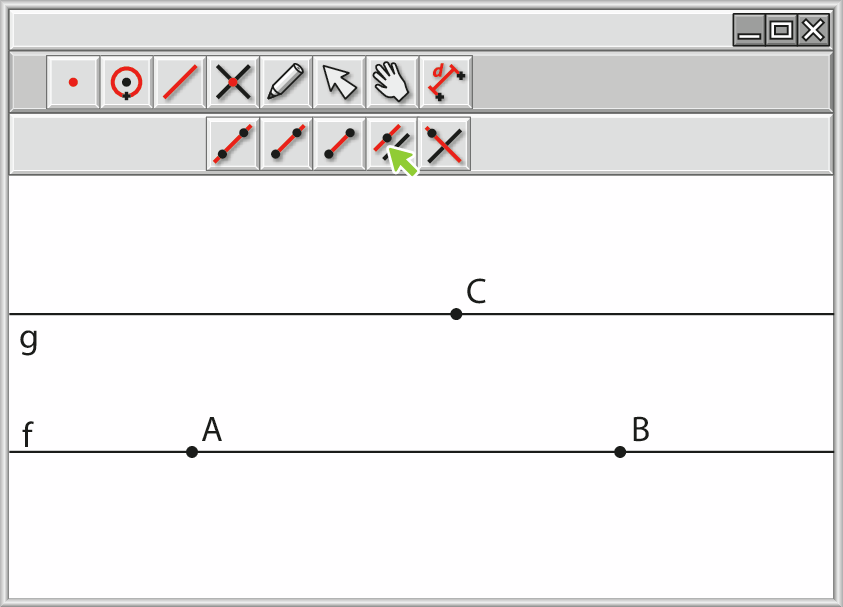 Ilustração. 
Modelo de software composto por tela branca com painel de controle na parte superior. Há uma reta f desenhada na tela com ponto A e ponto B na reta f. Na parte superior da reta f, ponto C. Uma reta g paralela foi traçada acima da reta f, passando pelo ponto C.