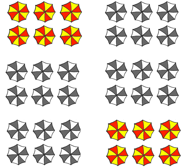 Ilustração. Vista superior de sombrinhas alinhadas em seis grupos de três colunas cada com três sombrinhas em cada coluna. O grupo mais acima e mais a esquerda está com as sombrinhas pintadas de amarelo e vermelho assim como o grupo mais abaixo e mais a direita.
