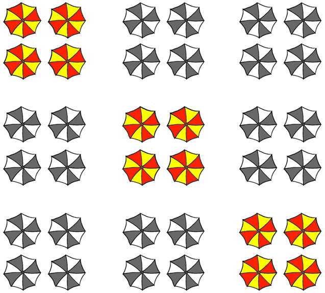 Ilustração. Vista superior de sombrinhas alinhadas em nove grupos de duas colunas cada com duas sombrinhas em cada coluna. O grupo mais acima e mais a esquerda está com as sombrinhas pintadas de amarelo e vermelho assim como o grupo mais abaixo e mais a direita e o grupo que está no centro.