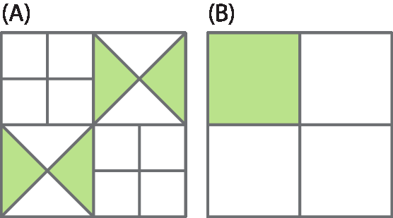 Ilustração. Quadrado dividido em quatro partes iguais. Das quatro partes, duas estão divididas em outras quatro partes triangulares com duas delas em cada pintadas e as outras duas partes estão divididas em quatro partes quadradas.  

Ilustração. Quadrado dividido em quatro partes iguais. Uma das partes está pintada.
