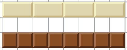 Ilustração. Barra de chocolate branco dividida em 4 partes iguais. Abaixo dela, barra de chocolate escuro do mesmo tamanho dividida em 8 partes iguais.