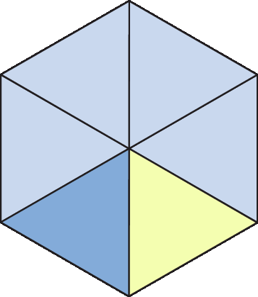 Ilustração. Hexágono dividido em 6 partes iguais. Há uma parte pintada de azul escuro, uma parte de amarelo e quatro partes pintadas de azul claro.