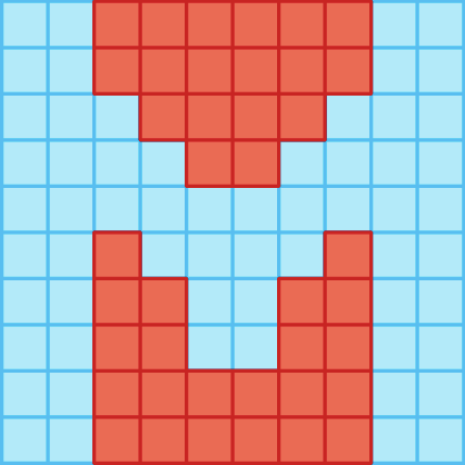 Ilustração. Quadrado dividido em 10 linhas e 10 colunas. Há quarenta quadradinhos pintados de vermelho e sessenta quadradinhos pintados de azul.