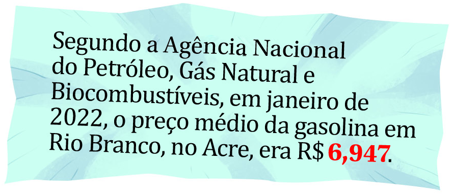 Ilustração. Papel amassado que traz uma manchete. Segundo a Agência Nacional do Petróleo, Gás natural e Biocombustíveis, em janeiro de 2022, o preço médio da gasolina em Rio Branco, no Acre, era R$ 6,947.