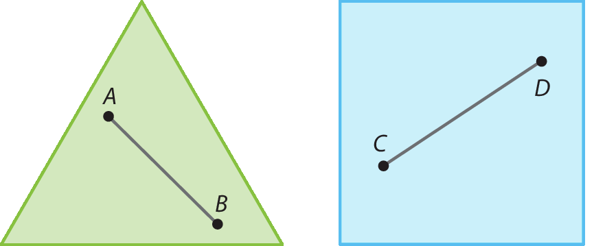 Ilustração. Triângulo com segmento de reta AB dentro dele. 

Ilustração. Quadrado com segmento de reta CD dentro dele.