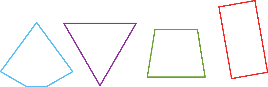 Ilustração.
A figura é um pentágono com um lado sendo a base e dois pares de lados de mesma medida.

Ilustração. Triângulo. 

Ilustração. Trapézio 

Ilustração. Retângulo.
