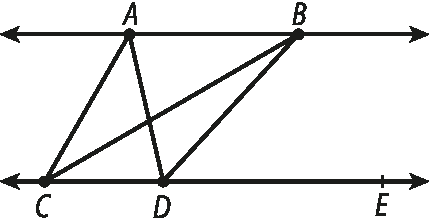 Ilustração. Duas retas paralelas. Na reta superior,os pontos A e B. Na reta inferior, os pontos C, D e E. Segmentos de reta unem os pontos AC, AD e BC, BD.