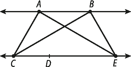 Ilustração. Duas retas paralelas. Na reta superior, os pontos A e B. Na reta inferior,os pontos C, D e E. Segmentos de reta unem os pontos AC, AE e BC, BE.