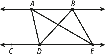 Ilustração. Duas retas paralelas. Na reta superior, os pontos A e  B. Na reta inferior, os pontos C, D e E. Segmentos de reta uni os pontos AD, AE e BD, BE.