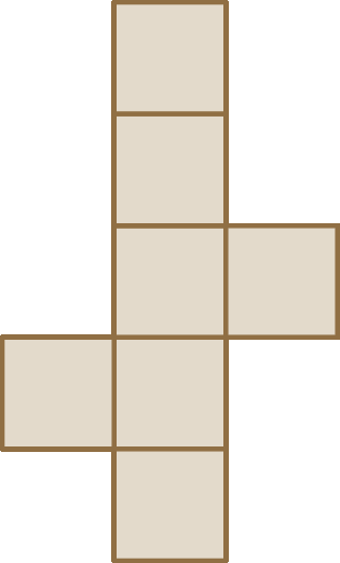 Ilustração. Sete quadrados iguais.
5 dos quadrados adjacentes, colocados em fileira na horizontal. 
Da esquerda para direita, acima do segundo quadrado tem um outro quadrado e abaixo do terceiro quadrado há um quadrado.