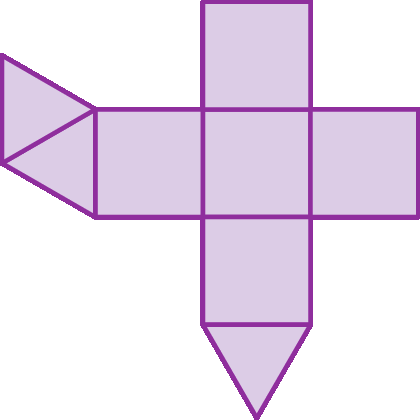 Ilustração. 
3 triângulos equiláteros iguais e 5 quadrados iguais. 
Um triângulo unido com outro triângulo. A este há  três quadrados adjacentes em fileira na horizontal. Acima do segundo quadrado tem um quadrado.
Abaixo do segundo quadrado tem um quadrado e abaixo dele um triângulo.