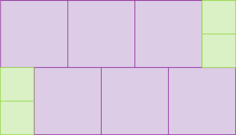 Ilustração. Retângulos  divididos ao meio por uma linha horizontal.
Na parte superior  três quadrados em fileira na posição horizontal e o espaço restante forma dois quadrados menores um sobre o outro. 
Na parte inferior começa pelos dois quadrados menores um sobre o outro e depois os três quadrados maiores em fileira na horizontal.