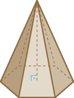 Ilustração. Pirâmide formada por um hexágono e seis triângulos iguais. Todas as arestas laterais são congruentes..