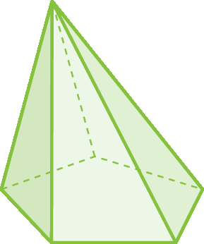 Ilustração. Pirâmide formada por um pentágono e cinco triângulos. A arestas laterais tem medidas diferentes.