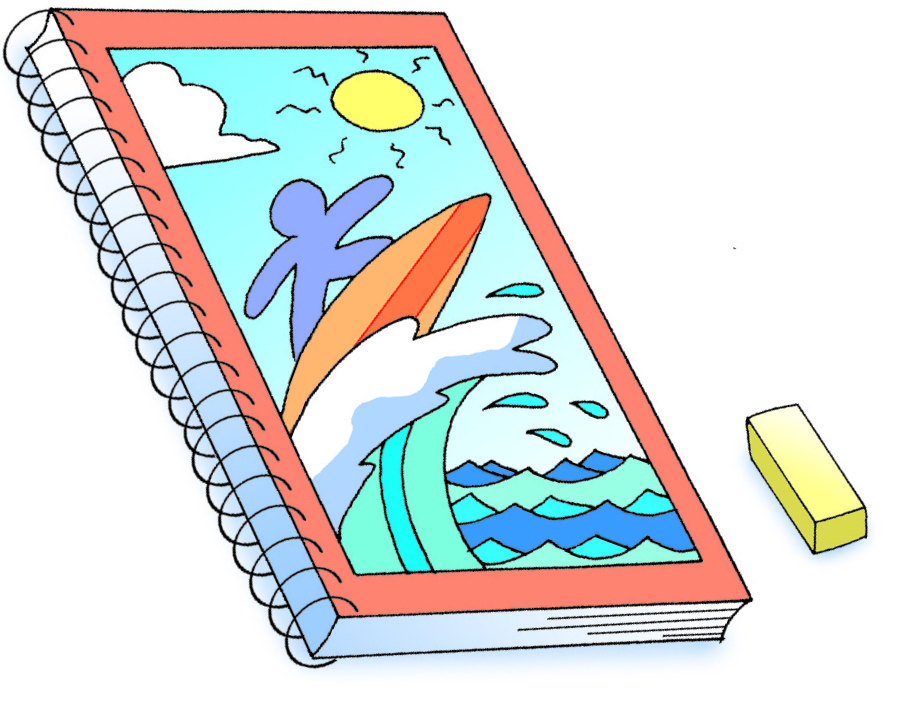 Ilustração.
Caderno escolar inclinado para a esquerda, com bordas alaranjadas e em sua capa uma pessoa surfando.
Ao lado do caderno, uma borracha retangular amarela.