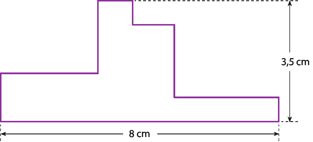 Ilustração. Polígono de 10 lados, com base de medida 8 cm e altura de medida 3,5 cm. Os lados tem medidas variadas.