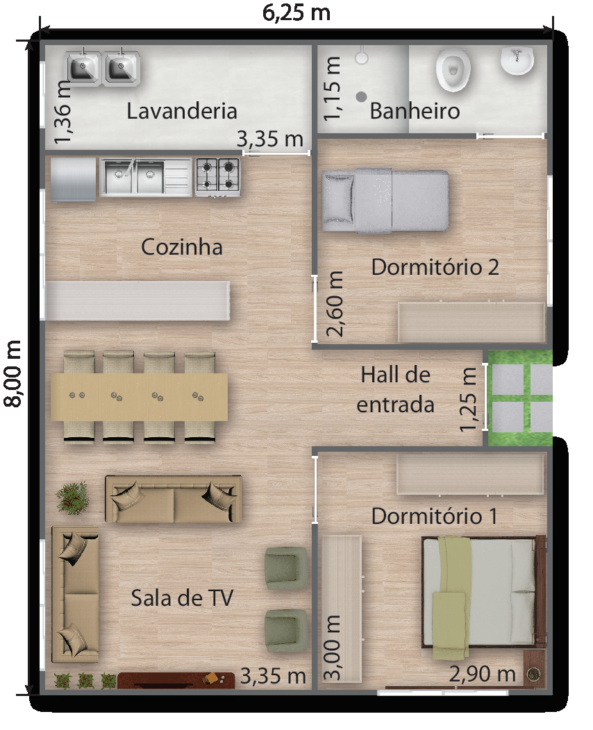 Ilustração.
Planta baixa de uma construção. No total, a construção possui as dimensões 8 metros por 6,25 metros. A área total é de 50 metros quadrados. Os cômodos são descritos com suas dimensões.

A lavanderia possui 1,36 metro por 3,35 metro.
O banheiro possui 1,15 metro em uma das paredes.
O dormitório 2 possui 2,60 metro em uma das paredes.
O hall de entrada possui 1,25 metro. 
A sala de TV, junto da cozinha possui 3,35 metro em uma das paredes.
O dormitório 2 possui as dimensões 3 metro por 2,90 metro.