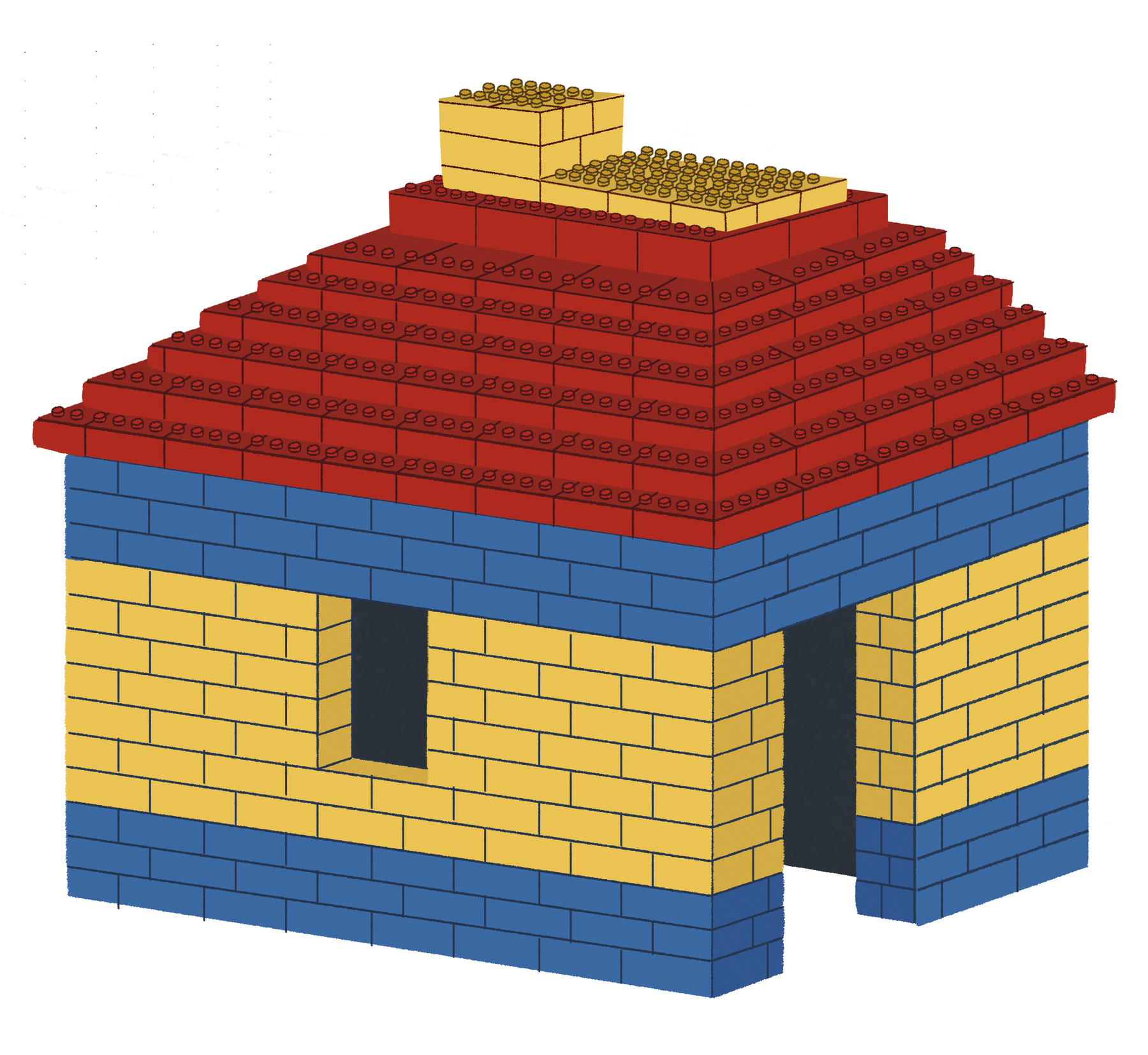 Ilustração. Molde de uma casinha construída com peças de bloco de montar. As peças tem cores variadas.