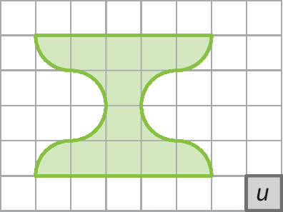 Ilustração. Malha quadriculada com seis linhas e oito colunas com figura verde de centro arredondado os dois lados, composta por 8 quadradinhos inteiros e 8 quadradinhos ocupando uma parte. Cada quadradinho equivale a u