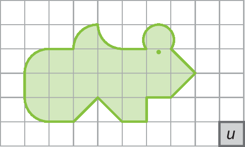 Ilustração. Malha quadriculada com 6 linhas e 10 colunas com figura verde com lado direito arredondado e lado direito triangular, composta por 13 quadradinhos inteiros e 10 quadradinhos ocupando uma parte. Cada quadradinho equivale a u.