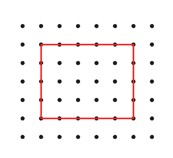 Ilustração. 
Malha pontilhada com retângulo composto por 5 linhas e 6 colunas. Cada lado do retângulo contém 4 pregos exclusivos a eles. Cada vértice corresponde a 1 prego.